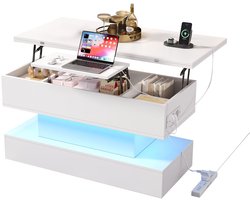 Merax Salontafel met LED-Verlichting - In Hoogte Verstelbare Tafel met USB & Type-C Oplaadpunten - Uitschuifbaar & Opvouwbaar Ontwerp met Opbergruimte - Wit - 100×50×51,5 cm