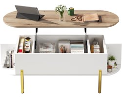 Merax Salontafel met Verstelbaar Blad - Koffietafel met Opbergruimte en Zijvakken - Houten en Witte Afwerking met Gouden Poten - 120×50×43 cm