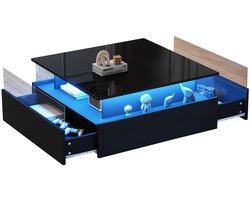 Merax Salontafel Zwart Hoogglans – 70x70 cm – Verlichting via APP en 2 Lades