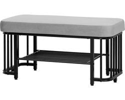 Merax Schoenenbank met Zitvlak – Fluweel en Metaal – 80x35x39,5 cm – Grijs Zwart – Halbank met Schoenenrek en Verstelbare Poten
