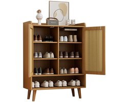 Merax Schoenenkast 80x35x105 cm – Rattan Deuren met Push-to-Open Systeem – 5 Opbergplanken – Massief Houten Poten – Licht Eiken Bruin Halmeubel