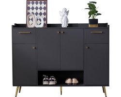 Merax Schoenenkast met 2 Laden en 4 Deuren – Halmeubel met Open Vak – Moderne Kast met Metalen Poten – Zwart met Goud