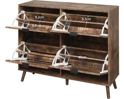 Merax Schoenenkast met 4 Deuren – Retro Bruin – 105x24x91 cm – Opbergkast met Rattan Look en Dubbele Legplank