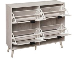 Merax Schoenenkast met 4 Deuren - Retro Wit - 105x24x91 cm - Rattan Look - Opbergkast met Dubbele Legplank - Kast voor Schoenen