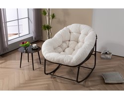 Merax Schommelstoel voor Buiten - Witte Rotan Rocking Chair met Dikke Kussens - Lounge Stoel voor Veranda - Balkon - Tuin - Woonkamer