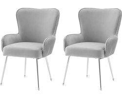 Merax Set van 2 Eetkamerstoelen met Lage Armleuningen – Fluwelen Stoelen met Lendensteun en Verstelbare Zilveren Poten – Grijs