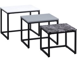 Merax Set van 3 Moderne Bijzettafels – Stapelbare Salontafels met MDF Tafelblad en Metalen Frame – Wit, Grijs en Zwart Marmerlook – Ruimtebesparend – voor Woonkamer en Decoratie