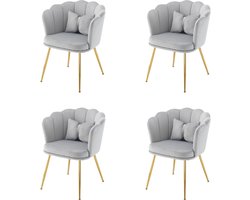 Merax Set van 4 Moderne Fluwelen Stoelen met Bladontwerp Rugleuning - Vergulde Metalen Poten en Kussens - Voor Woonkamer - Badkamer - Slaapkamer en Eetkamer - Grijs