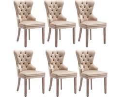 Merax Set van 6 Eetkamerstoelen – Beige Velvet Stoelen met Deurklopper en Houten Poten – Luxe Designstoelen met Nagelkopafwerking