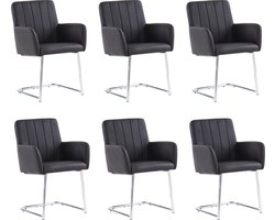 Merax Set van 6 Eetkamerstoelen - Gestoffeerde Stoelen met Verticaal Gestreept Ontwerp - Z-Vormige Metalen Poten - Kunstleer - Zwart