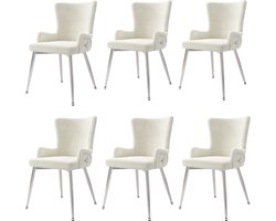 Merax Set van 6 Fluwelen Eetkamerstoelen met Metalen Poten – Beige met Zilver