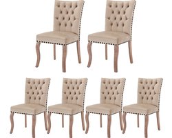 Merax Set van 6 Luxe Eetkamerstoelen – Beige Fluwelen Bekleding – Stoelen met Deurklopper en Koperen Nagelkopdetails – Massief Houten Poten – Ergonomisch Ontwerp