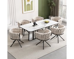 Merax Set van 6 Luxe Fluwelen Eetkamerstoelen – Draaibaar met 360° Rotatie – Ergonomisch Ontwerp – Metalen Onderstel – Beige