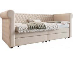 Merax Slaapbank 90x200 cm – Beige Linnen – Eenpersoonsbed met 2 Opberglades