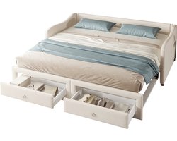 Merax Slaapbank 90x200 cm met extra Uitrolbed 180x200 cm - Bed met 2 Lades – Beige Linnen