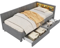 Merax Slaapbank 90x200 cm met USB-C Aansluiting en LED Verlichting – Grijs Linnen Daybed met Lades – Eenpersoonsbed met Vakken in Hoofdbord – Zonder Matras