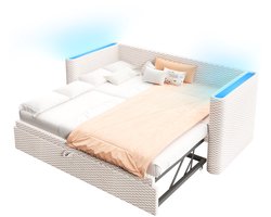 Merax Slaapbank - Logeerbed 90x200 cm - Uitschuifbed naar 180x200 cm - LED Verlichting met Afstandsbediening - Houten Lattenbodem - Fluweel Beige - Zonder Matras