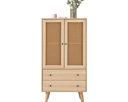 Merax Smal Dressoir 60x120 cm – Opbergkast met 2 Deuren en 2 Lades – Houten Kast met Rotan Look – Geschikt voor Woonkamer - Keuken of Hal – Eiken Kleur
