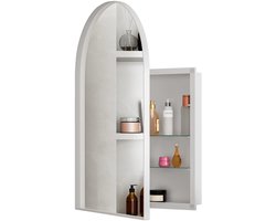 Merax Spiegelkast met Boogvorm – Wand- of Inbouwmontage – Witte Badkamerspiegelkast met Opbergruimte en Verstelbare Planken – 91 x 61 cm – Metaal