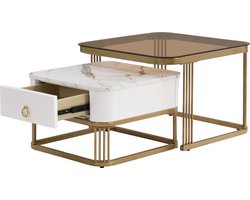 Merax Stapelbare Salontafel Set van 2 - Bijzettafel in Hoogglans Marmerlook en Theebruin Glas - Salontafels met Lade - Wit met Goud