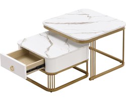 Merax Stapelbare Salontafel Set van 2 - Bijzettafel in Hoogglans Marmerlook met Gouden Poten - Salontafels met Lade - Wit met Goud
