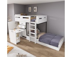 Merax Stapelbed 90x200 cm – Kinderbed met Uitschuifbaar Bureau, Kast, Laden & Planken – Ruimtebesparend Bed met Opbergruimte – Inclusief Lattenbodem – Wit/Zwart