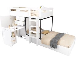 Merax Stapelbed 90x200 cm – Multifunctioneel Kinderbed met Uitschuifbaar Bureau - Kast - Laden & Planken – Ruimtebesparend Design - Inclusief Lattenbodem – Wit/Zwart