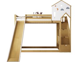 Merax Stapelbed Huisbed met Ronde Trap en Glijbaan – Kinderbed 90x200 cm - Bed met Dak en Opbergruimte - Wit met Bruin