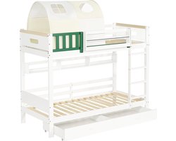 Merax Stapelbed in Huisvorm - Kinderbed met Tent - Vallenbescherming - Ladder en 2 Opberglades - 90x200 cm - Wit en Geel-Groen