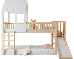 Merax Stapelbed met Glijbaan en Huisbed Design – Hoogslaper Kinderbed met Dak en Raam – 90x200 cm – Bruin met Wit – FSC Gecertificeerd Hout