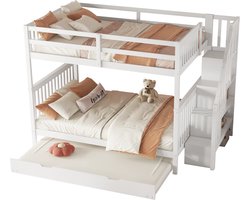 Merax Stapelbed voor 5 Personen met 2 Tweepersoonsbedden 140x200 cm en Extra Uitschuifbaar Bed 90x190 cm - Hoogslaper met Trap en Uitvalbeveiliging - Wit