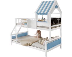 Merax Stapelbed voor Kinderen – 90x200 & 120x200 cm – Met Opbergruimte - Doodle-bord & Houten Lattenbodem – Speels Design met Ramen – Blauw/Wit – FSC Gecertificeerd
