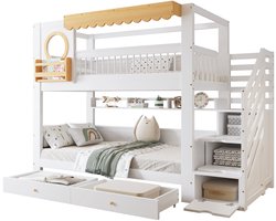 Merax Stapelbed voor Kinderen 90x200 met Trappenkast - Twee Opbergladen op Wielen - 2 Meter Lange Wandplanken - Zijplank - Hout MDF - Wit met Naturel Hout Bruin