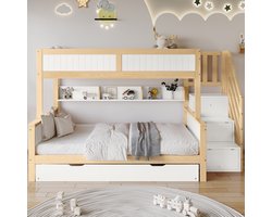 Merax Stapelbed voor Kinderen - Met Gitter en Valtbescherming - 3 Bedposities - Met Rollbed - Kleiderschrank en Staande Trap - Wit & Natuurlijk Hout - 90x200cm & 120x200cm
