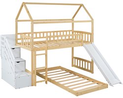 Merax Stapelbed voor Kinderen met Glijbaan en Trap - Houten Kinderbed in Huisvorm - Bed met Uitvalbeveiliging en Opbergruimte - 90x200 cm - Houtkleur Bruin met Wit