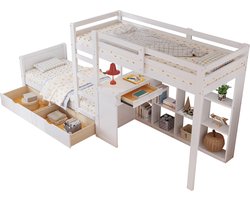Merax Stapelbed voor Kinderen met Schuifladder - Bureau - Open Opbergvakken en Schuifladen – Wit - Hout en MDF (90x200 cm)