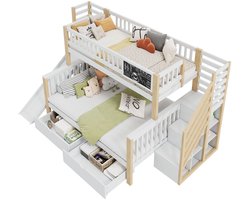 Merax Stapelbed voor Kinderen met Trap en Opbergruimte - met Glijbaan en Kleine Krijtbord - Houten Bed 140x200 cm en 90x200 cm - Wit