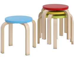 Merax Stapelkruk Set van 4 – Ronde Houten Krukjes – Berkenmultiplex – Met Filtdoppen – Stapelbare Krukjes voor Woonkamer – Keuken – Speelkamer – Multicolor