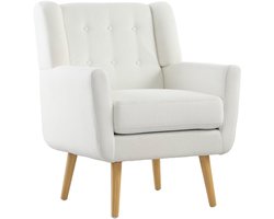 Merax Teddy Fleece Relaxfauteuil Wit – Gestoffeerde Oorfauteuil met Houten Poten en Knopenpatroon – Comfortabele Loungestoel voor Woonkamer of Slaapkamer