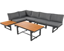 Merax Tuinmeubelset 3-delig – Loungeset met 2 Sofas en Verstelbare Tafel – Inclusief Kussens – Acaciahout en Metalen Frame – Geschikt voor 6 Personen - Grijs met Bruin
