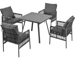 Merax Tuinset - 5-delige Tuinmeubelset - Verzinkt IJzeren Frame - WPC Tafelblad - PE Rotan - Verstelbare Poten - Grijs