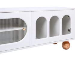 Merax TV-Möbel, TV-Möbel mit Rattan-ähnlicher Tür, Glasschiebetür, drei offenen Bogenbereichen, lowboard mit goldenen Griffen und massiven Holzfüßen.