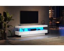 Merax TV-meubel 160x38x50,5 cm met 3 Glazen vakken – Hoogglans Wit – TV Kast met LED-verlichting via App-besturing en Bluetooth – Geschikt voor TV’s tot 70 inch