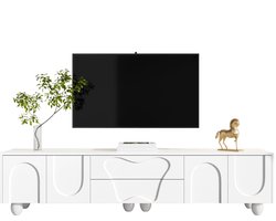 Merax TV-meubel 180 cm – Wit met Massief Houten Poten – Minimalistisch TV-dressoir met Veel Opbergruimte
