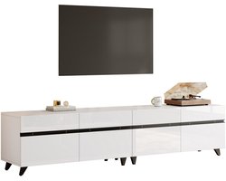 Merax TV-Meubel 180 x 40 x 49 cm – Wit Hoogglans TV-Kast met 4 Kasten en Verstelbare Planken – Modern Lowboard met 8 Poten – Geschikt voor TV’s tot 80 inch