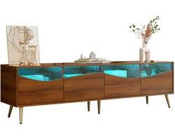 Merax TV-Meubel 180 x 40 x 50 cm – Modern Lowboard in Houtkleur met Glasfront - LED Verlichting en Gouden Poten – TV-Kast met Ruime Opbergruimte voor Woonkamer