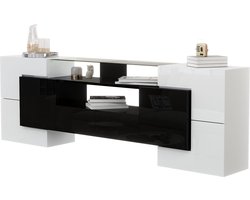 Merax TV Meubel 200 cm met LED Verlichting - Hoogglans Wit met Zwart - TV Kast met Opbergruimte