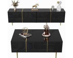Merax TV-meubel en salontafel set – 170 cm hoogglans zwart met gouden accenten - veel opbergruimte - modern design