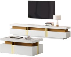 Merax TV Meubel en Salontafel Set – Luxe Woonkamerset – Wit met Goud – Hoogglans Marmerlook – MDF – Inclusief Opberglades – Modern Design