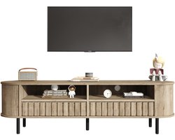 Merax Tv Meubel Naturelhoutkleur Met 2 Schuifladen En Open Vakken - Televisiemeubel 160 X 40 X 48 Cm - Tv Kast Met Afgeronde Hoeken En 5 Poten - Geschikt Voor Tv Tot 65 Inch